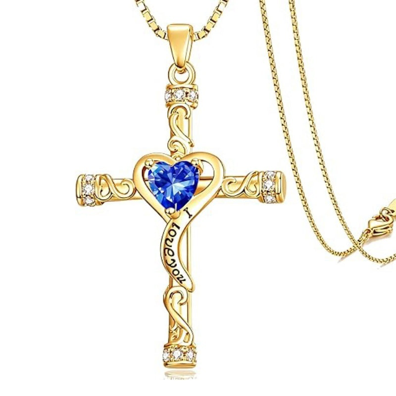 14K Gold Plated Heart Cut Cubic Zirconia Cross  Pendant Necklace For Women Religious Faith Jewelry