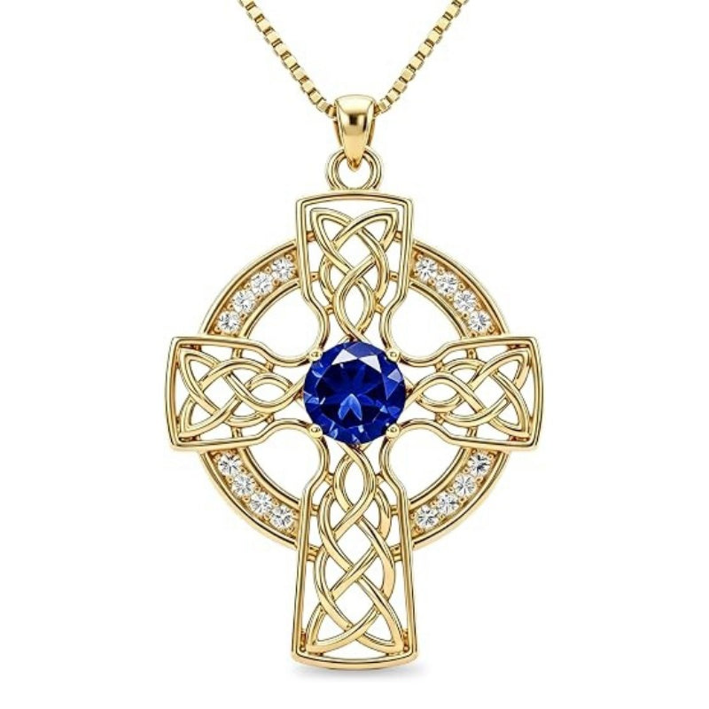 14K Gold Plated Birthstone Celtic Knotwork Cross Necklace for Women