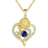 Sterling Sliver Birthstone Love Heart & Sunflower Pendant Necklace Engraved With You Are My Sunshine
