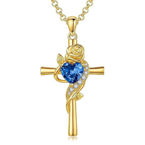 14K Gold Plated Birthstone Rose Cross Necklace for Women Faith Jewelry Gift