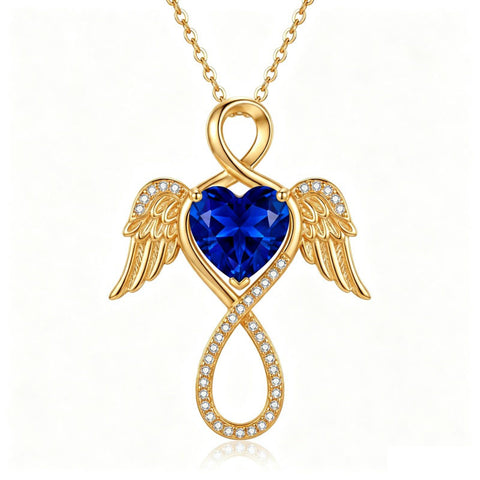 14K Gold Plated 12-Month Birthstone Infinity Angel Wings Pendant Necklace for Women