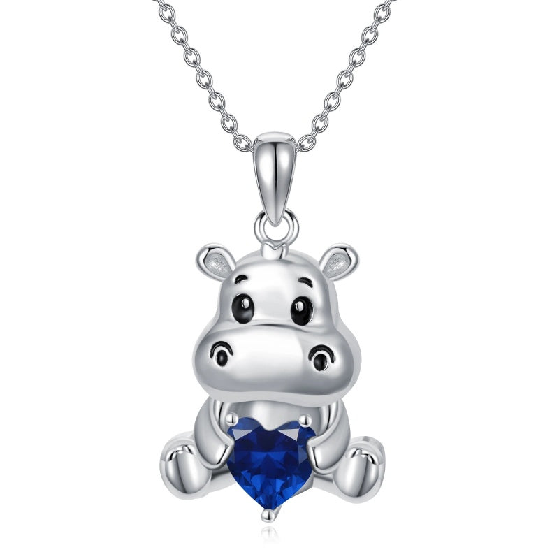 Sterling Silver Birthstone Hippo Pendant Necklace Birthday Christmas Gift