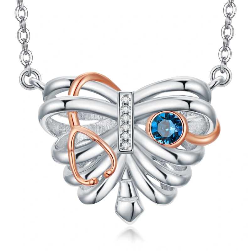 Sterling Silver Heart Rib Cage&Doctor Nurse  Stethoscope Medicine Themed Pendant Necklace