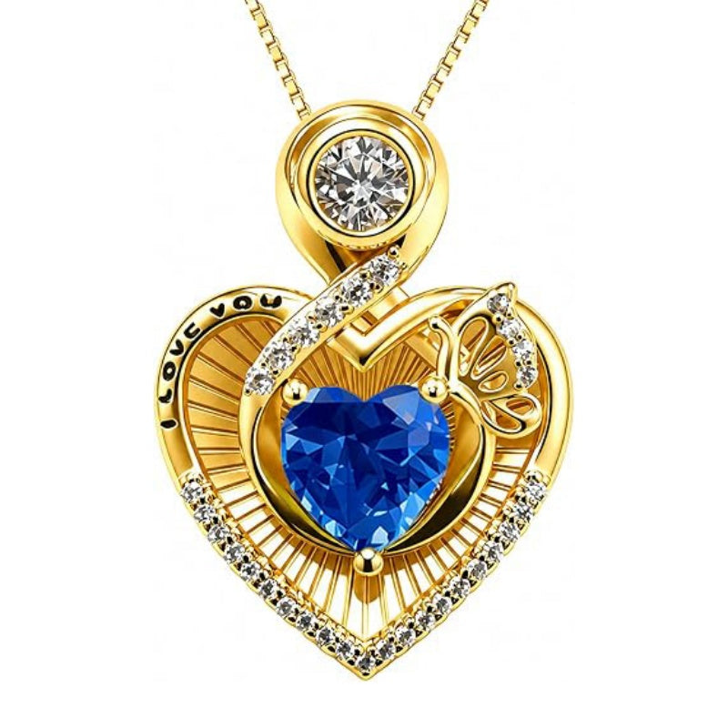 14K Gold Plated  Heart Birthstone Butterfly Necklace Engraved with  I Love You