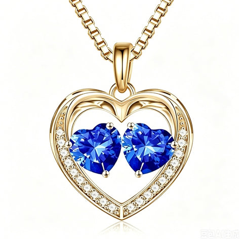 14K Gold Plated Double Heart Birthstone Necklace Anniversary Birthday Gifts for Women