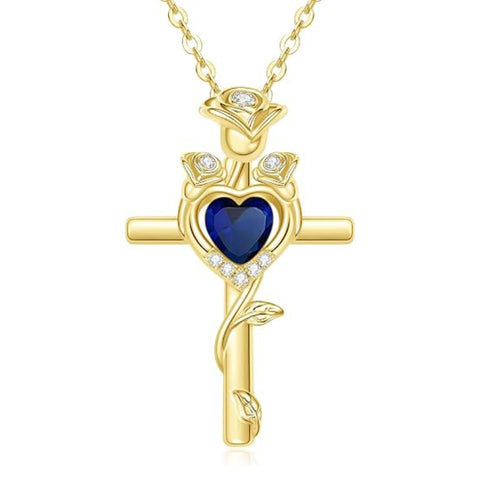 14K Gold Plated Birthstone Rose Cross Necklace for Women Faith Jewelry Gift