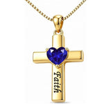 14K Gold Plated Heart Birthstone Cross Necklace for Women Engraved with Faith
