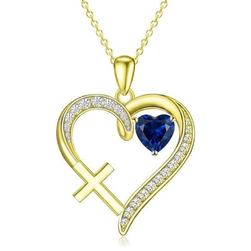 14K Gold  Plated 12 Months Birthstone  Heart Cross Pendant Necklace  for Women
