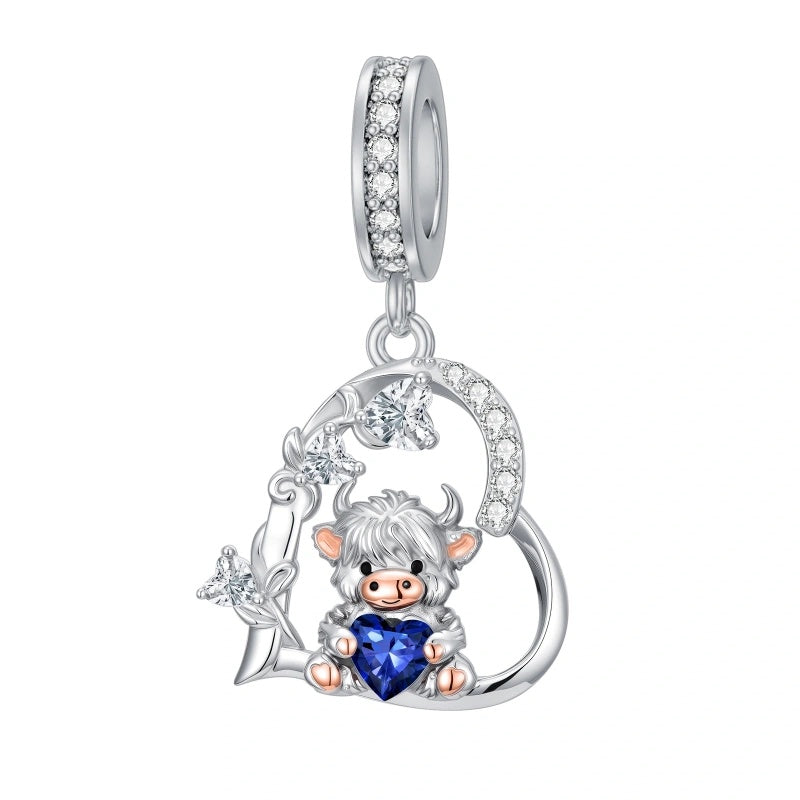 Sterling Silver 12 Month Birthstone Highland Cow Charm Beads