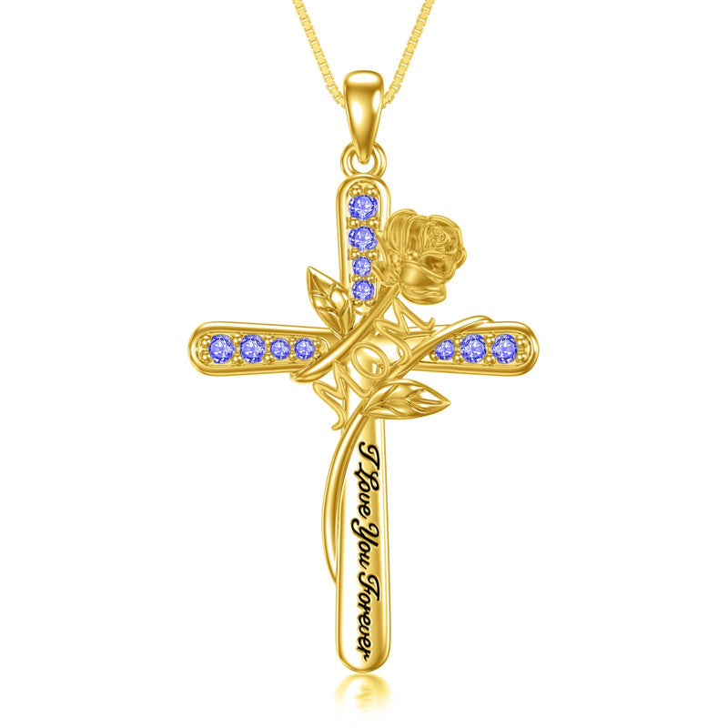 10K 14K 18K Yellow Gold 12 Month Birthstone Rose Flower Pendant Necklace Engraved with I Love You Forever