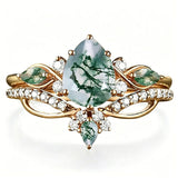 Sterling Silver 2CT Moss Agate  Engagement Wedding Ring Sets for Women