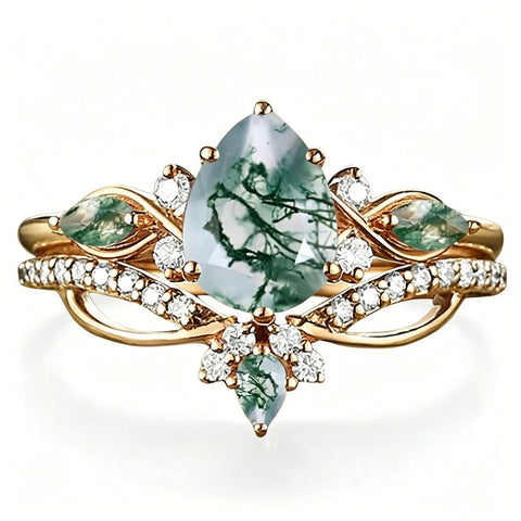 Sterling Silver 2CT Moss Agate  Engagement Wedding Ring Sets for Women