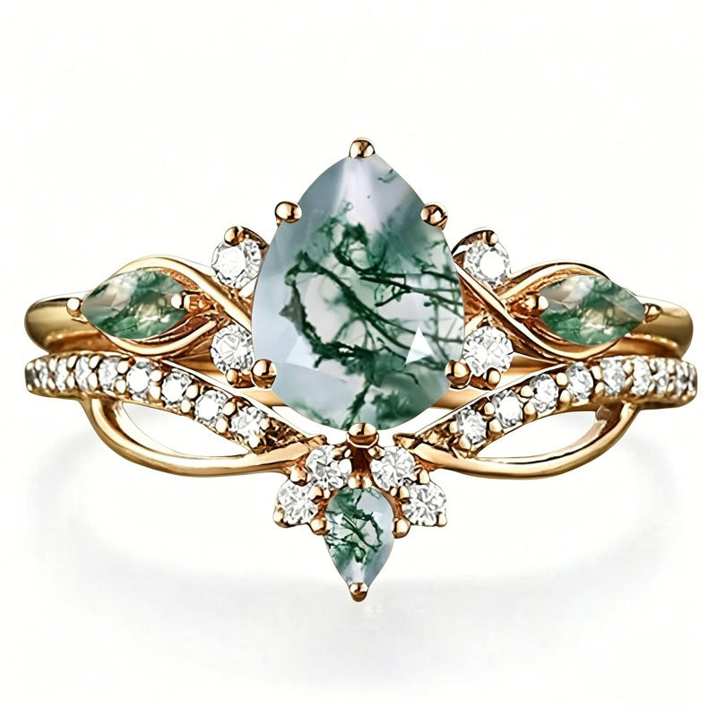 Sterling Silver 2CT Moss Agate  Engagement Wedding Ring Sets for Women