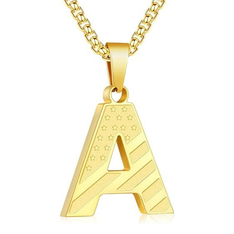 14K Gold Plated American Flag Initial Pendant Necklace for Men