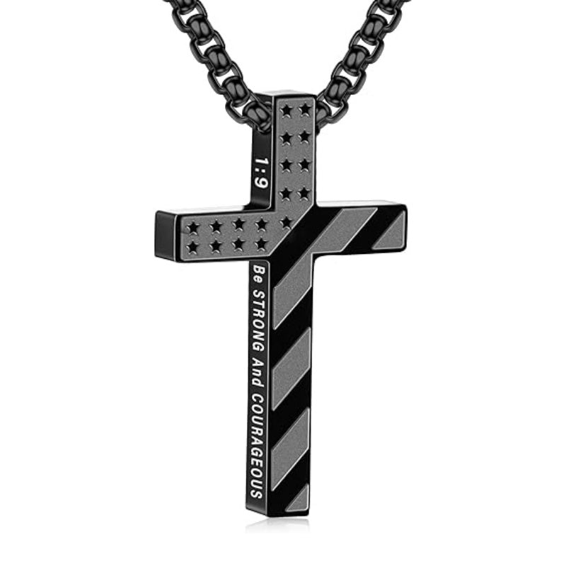 14K Gold Plated Bible Verse American Flag Cross Necklac for Men