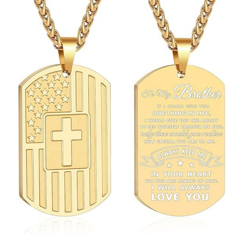 14K Gold Plated American Flag Dog Tag Cross Necklace for Men