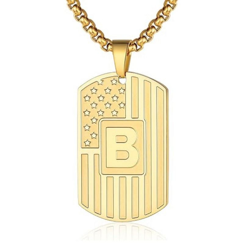 14K Gold Plated Initial A-Z American Flag Dog Tag Necklace for Men