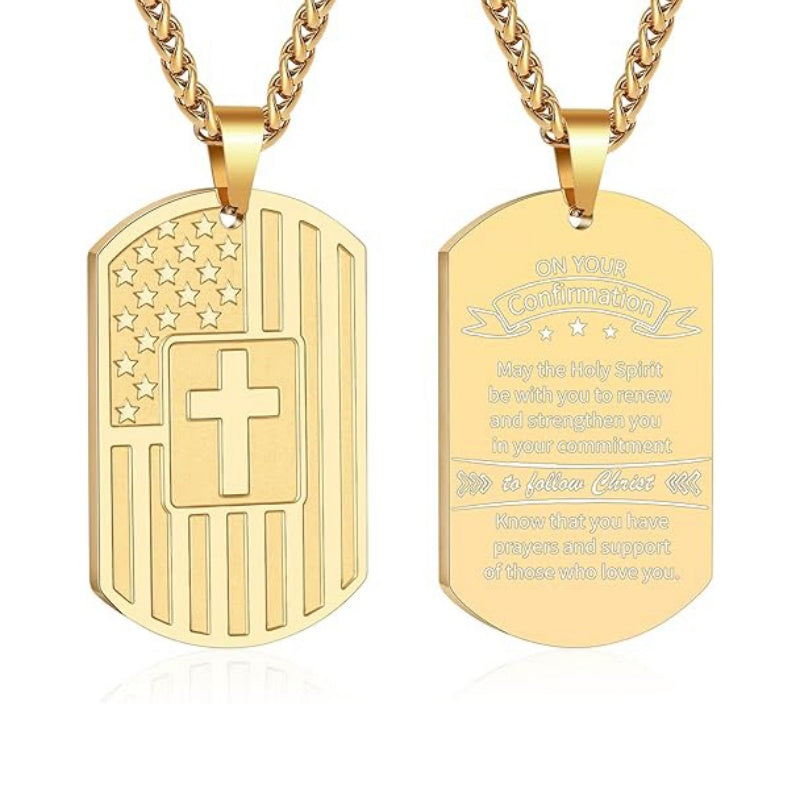 14K Gold Plated American Flag Dog Tag Cross Necklace for Men
