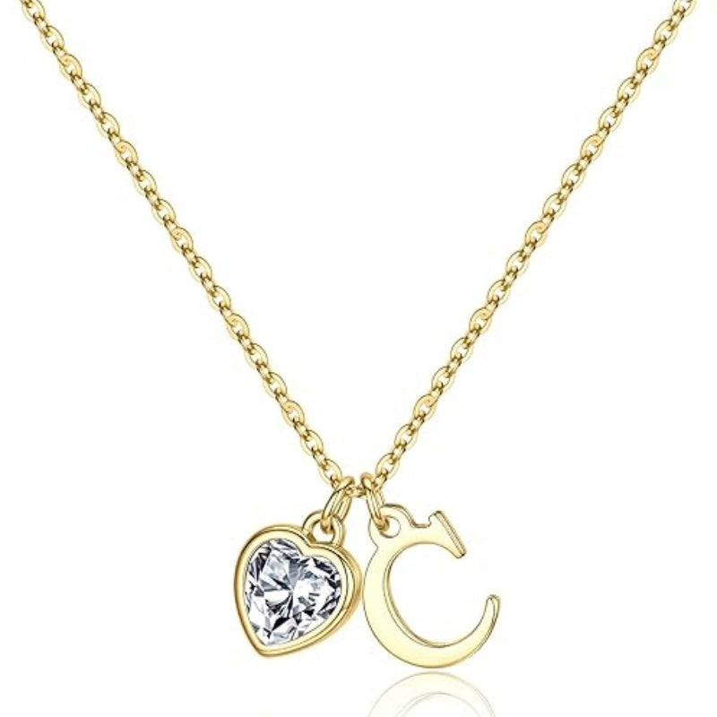 14K Gold Plated Initial A-Z Heart Birthstone Letter Necklace