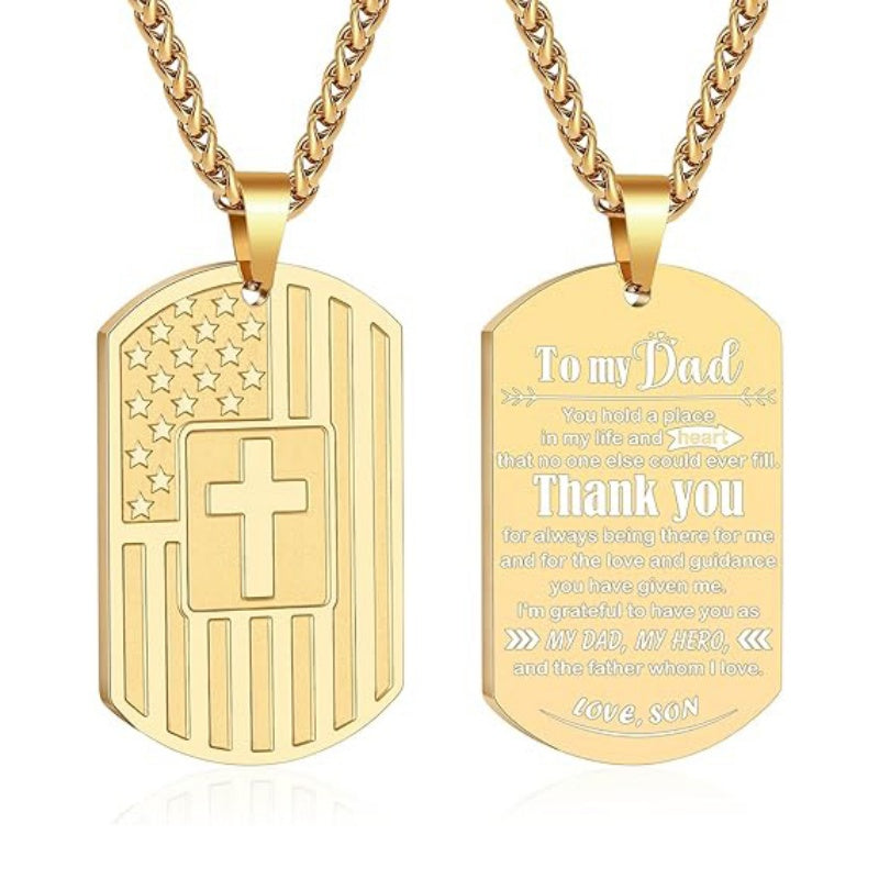 14K Gold Plated American Flag Dog Tag Cross Necklace for Men