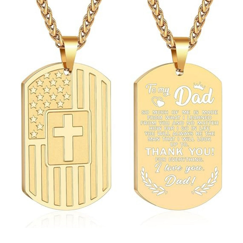 14K Gold Plated American Flag Dog Tag Cross Necklace for Men