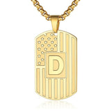 14K Gold Plated Initial A-Z American Flag Dog Tag Necklace for Men