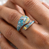 Sterling Silver Turquoise Hummingbird Butterfly Sunflower Adjustable Spoon Ring