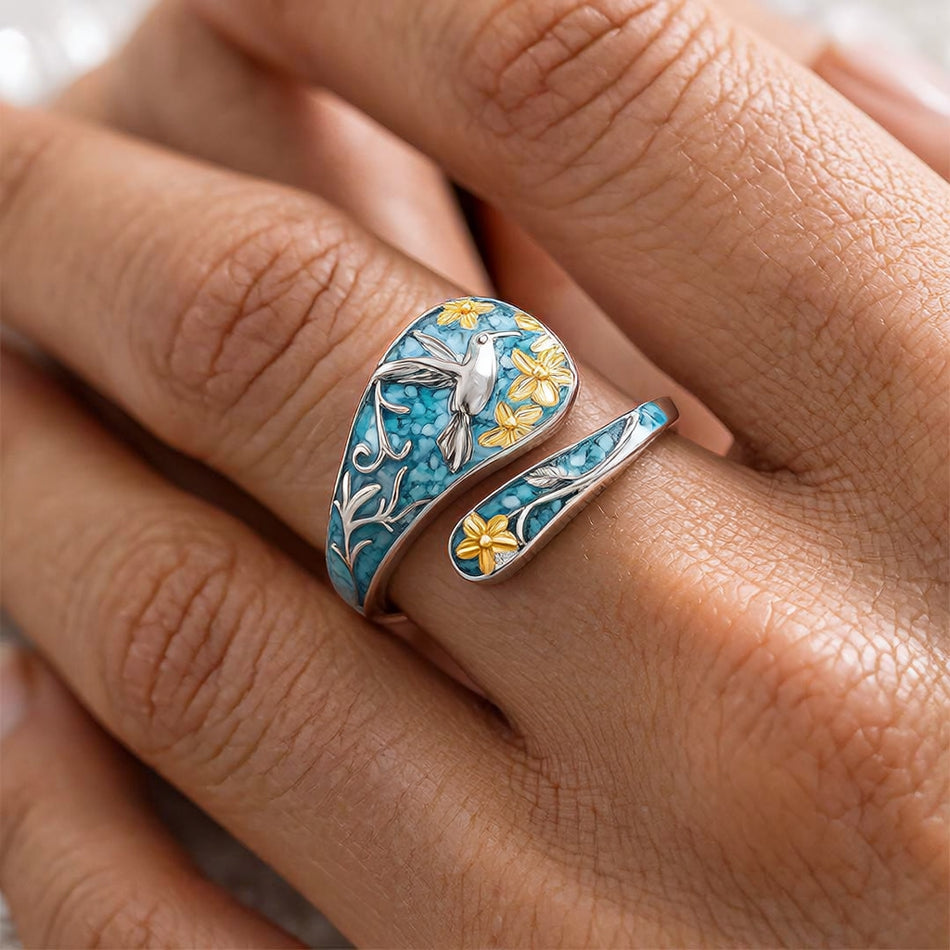Sterling Silver Turquoise Hummingbird Butterfly Sunflower Adjustable Spoon Ring