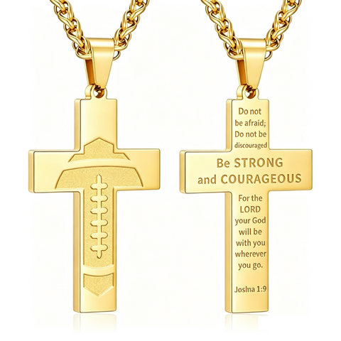 14K Gold Plated Bible Verse Football Cross Pendant Necklace