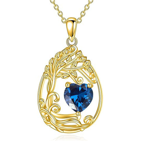 Sterling Silver Birthstone Teardrop Tree of Life Pendant Necklace
