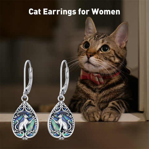 Sterling Silver Abalone Shell Filigree Cat Leverback Earrings ﻿