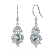 Sterling Silver Vintage Teardrop Moss Agate Filigree  Drop Earrings