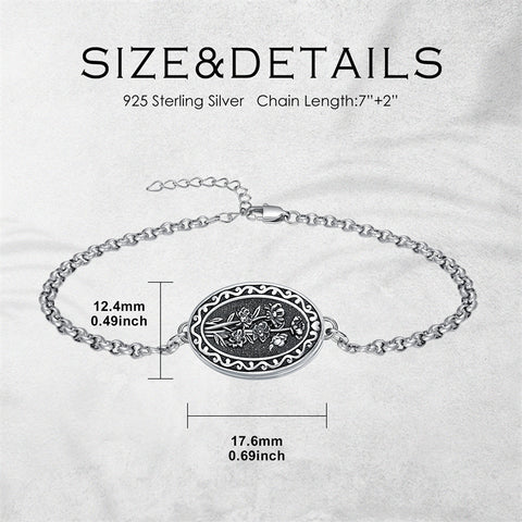 Sterling Silver 12 Month Birth Flower Photo Locket Bracelet