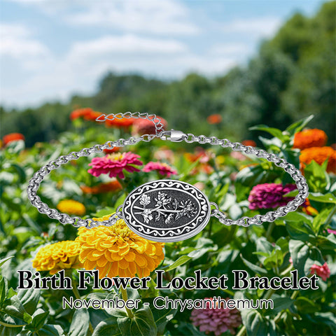 Sterling Silver 12 Month Birth Flower Photo Locket Bracelet