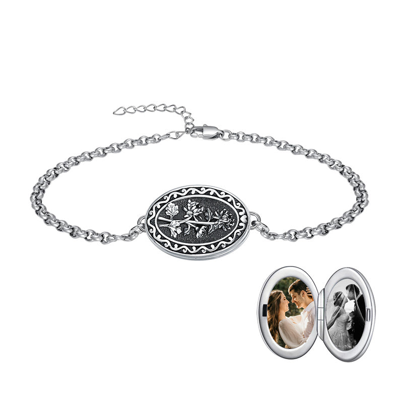 Sterling Silver 12 Month Birth Flower Photo Locket Bracelet