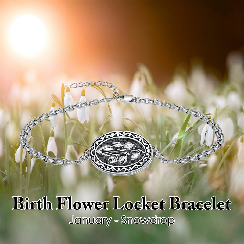 Sterling Silver 12 Month Birth Flower Photo Locket Bracelet