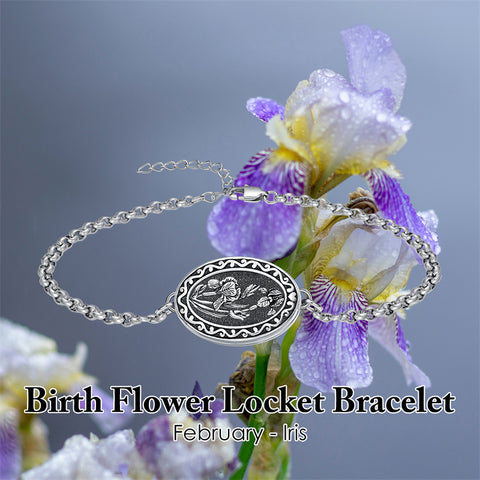 Sterling Silver 12 Month Birth Flower Photo Locket Bracelet