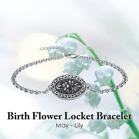Sterling Silver 12 Month Birth Flower Photo Locket Bracelet