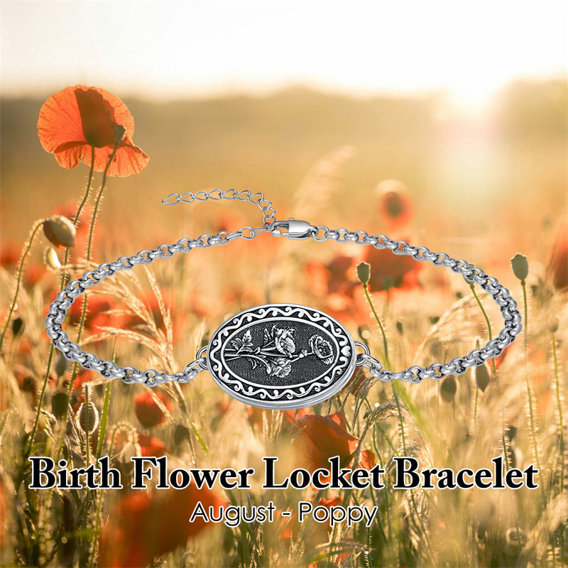 Sterling Silver 12 Month Birth Flower Photo Locket Bracelet