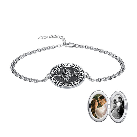Sterling Silver 12 Month Birth Flower Photo Locket Bracelet