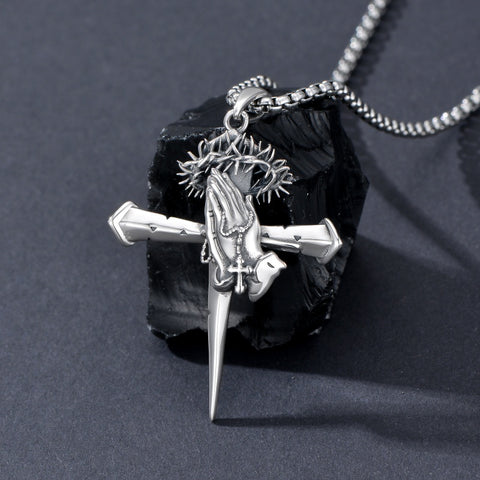 Sterling Silver Praying Hands Angel Sword Wing Cross Pendant Necklace Religious Gifts for Men