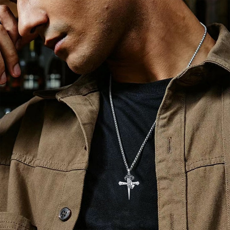 Sterling Silver Praying Hands Angel Sword Wing Cross Pendant Necklace Religious Gifts for Men