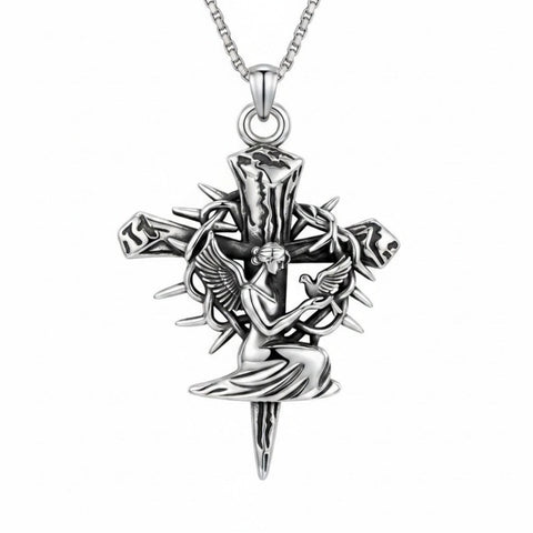 Sterling Silver Praying Hands Angel Sword Wing Cross Pendant Necklace Religious Gifts for Men