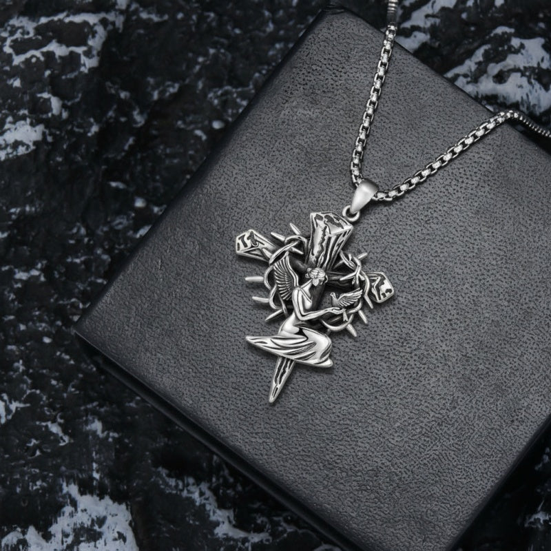 Sterling Silver Praying Hands Angel Sword Wing Cross Pendant Necklace Religious Gifts for Men