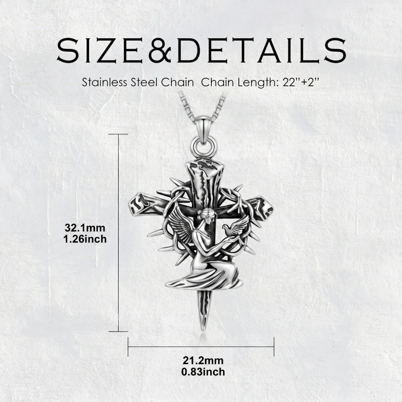 Sterling Silver Praying Hands Angel Sword Wing Cross Pendant Necklace Religious Gifts for Men