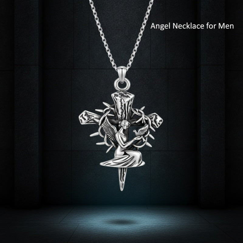 Sterling Silver Praying Hands Angel Sword Wing Cross Pendant Necklace Religious Gifts for Men