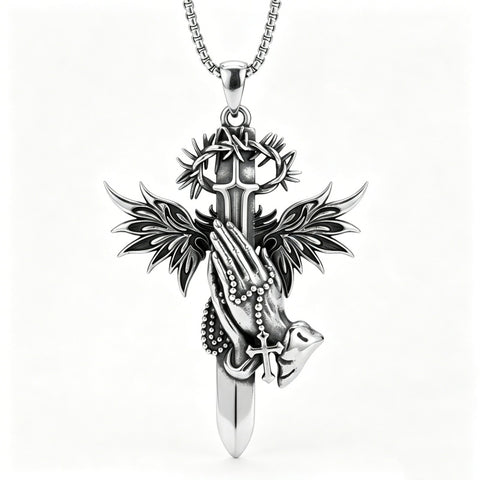 Sterling Silver Praying Hands Angel Sword Wing Cross Pendant Necklace Religious Gifts for Men