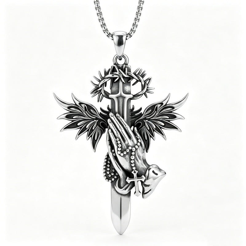 Sterling Silver Praying Hands Angel Sword Wing Cross Pendant Necklace Religious Gifts for Men