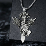 Sterling Silver Praying Hands Angel Sword Wing Cross Pendant Necklace Religious Gifts for Men