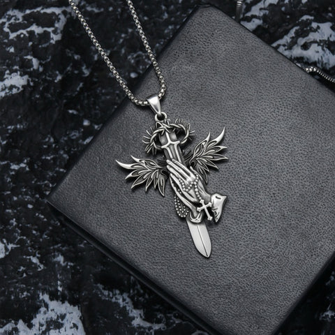 Sterling Silver Praying Hands Angel Sword Wing Cross Pendant Necklace Religious Gifts for Men